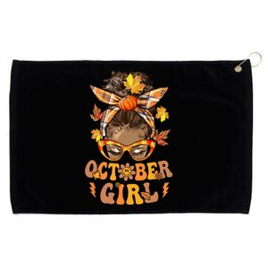 Retro Groovy October Girl Messy Bun Halloween Thanksgiving Grommeted Golf Towel