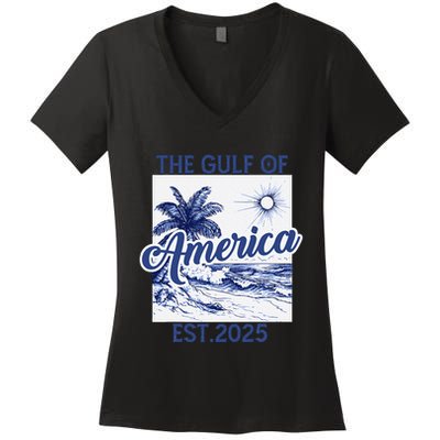 Retro Gulf Of Usa America Est 2025 American Flag Gulf Mexico Women's V-Neck T-Shirt