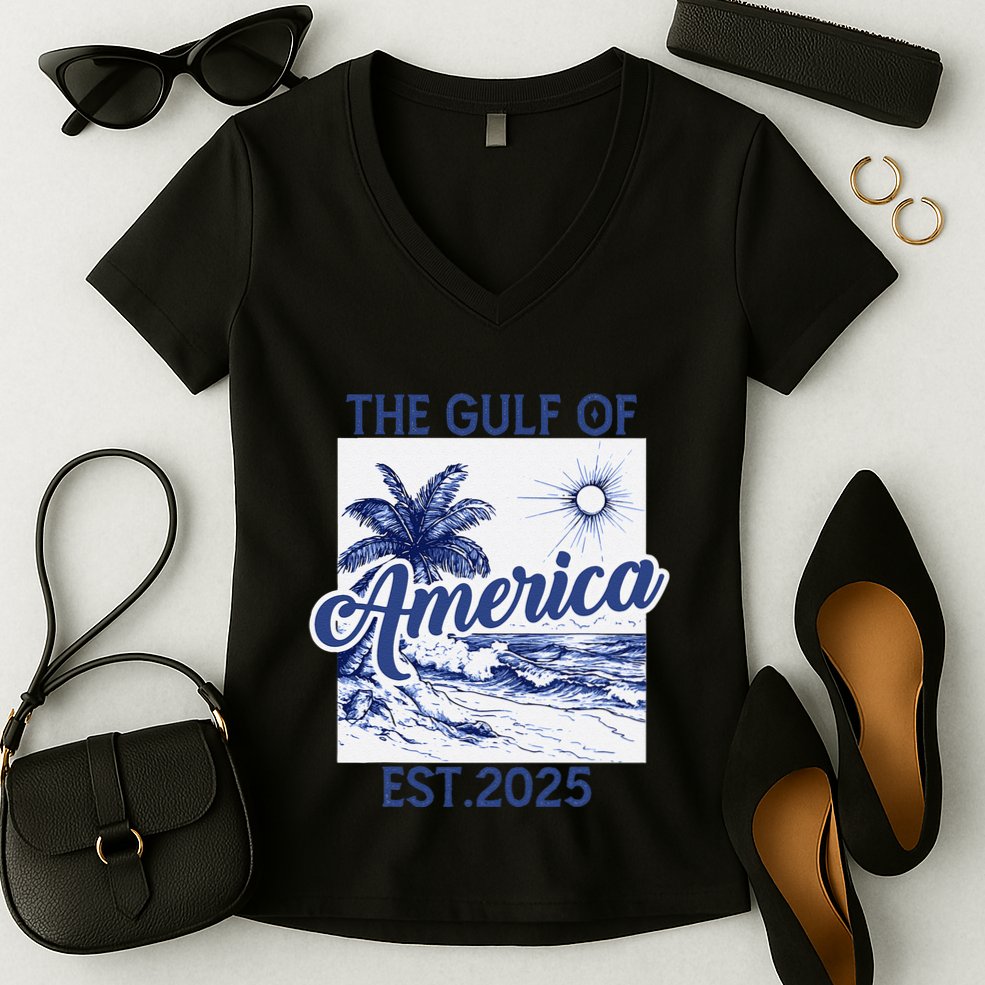 Retro Gulf Of Usa America Est 2025 American Flag Gulf Mexico Women's V-Neck T-Shirt