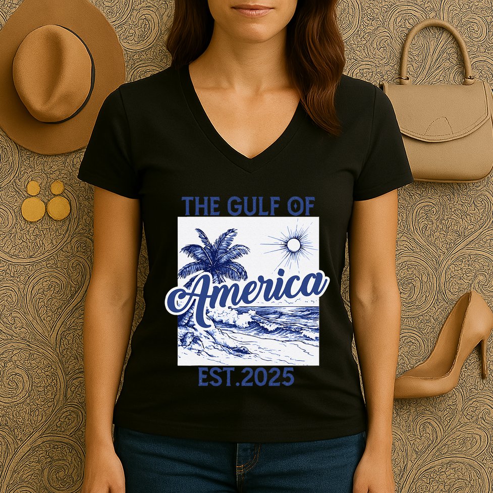 Retro Gulf Of Usa America Est 2025 American Flag Gulf Mexico Women's V-Neck T-Shirt
