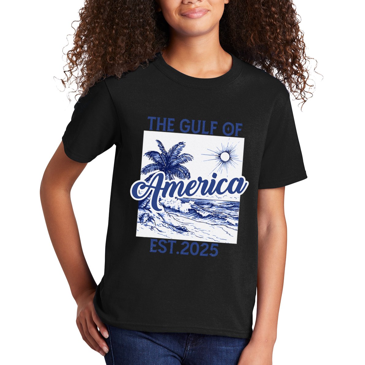 Retro Gulf Of Usa America Est 2025 American Flag Gulf Mexico Kids T-Shirt
