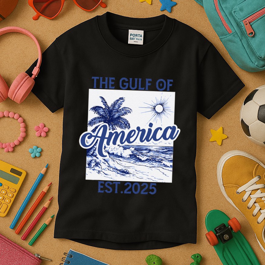 Retro Gulf Of Usa America Est 2025 American Flag Gulf Mexico Kids T-Shirt