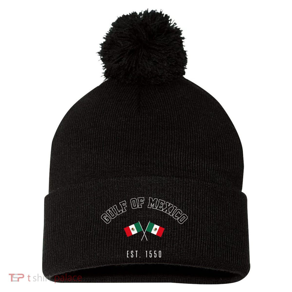 Retro Gulf Of Mexico Est. 1550 Mexican Flag Gulf Forever Pom Pom 12in Knit Beanie