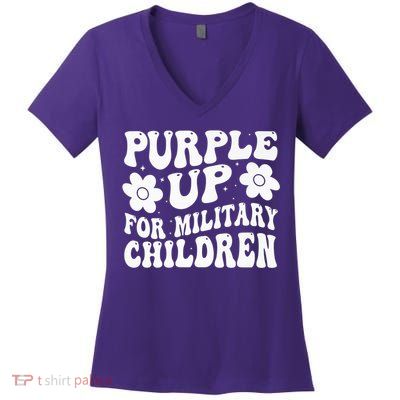 Retro Groovy Purple Up For Military Children Women's V-Neck T-Shirt