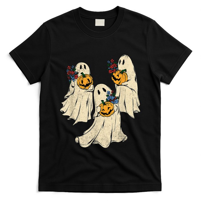 Retro Groovy Pumpkin Ghost Costume Halloween Floral Ghosts T-Shirt