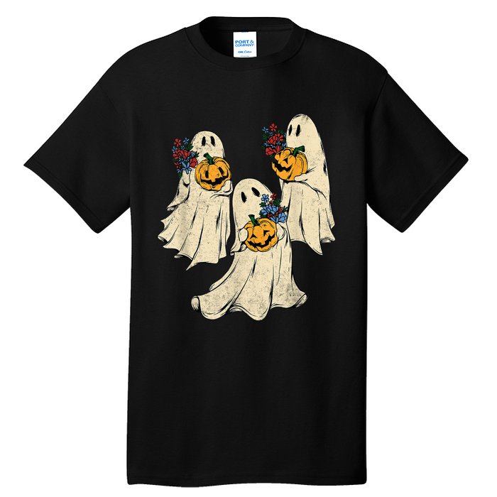 Retro Groovy Pumpkin Ghost Costume Halloween Floral Ghosts Tall T-Shirt