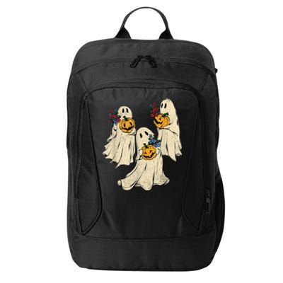 Retro Groovy Pumpkin Ghost Costume Halloween Floral Ghosts City Backpack