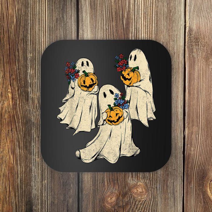 Retro Groovy Pumpkin Ghost Costume Halloween Floral Ghosts Coaster