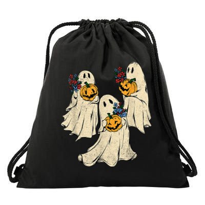 Retro Groovy Pumpkin Ghost Costume Halloween Floral Ghosts Drawstring Bag