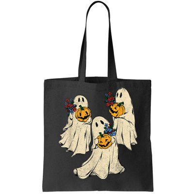 Retro Groovy Pumpkin Ghost Costume Halloween Floral Ghosts Tote Bag