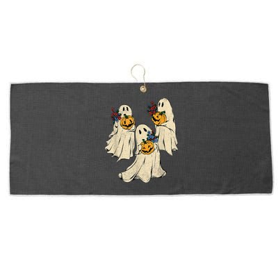 Retro Groovy Pumpkin Ghost Costume Halloween Floral Ghosts Large Microfiber Waffle Golf Towel