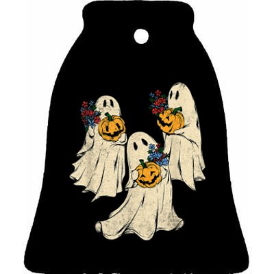 Retro Groovy Pumpkin Ghost Costume Halloween Floral Ghosts Ceramic Bell Ornament