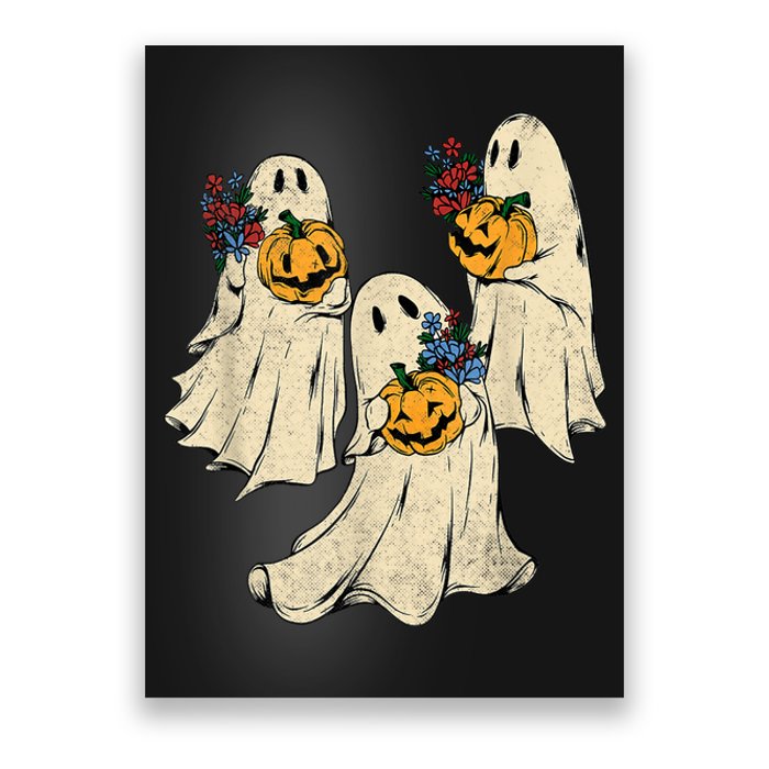 Retro Groovy Pumpkin Ghost Costume Halloween Floral Ghosts Poster