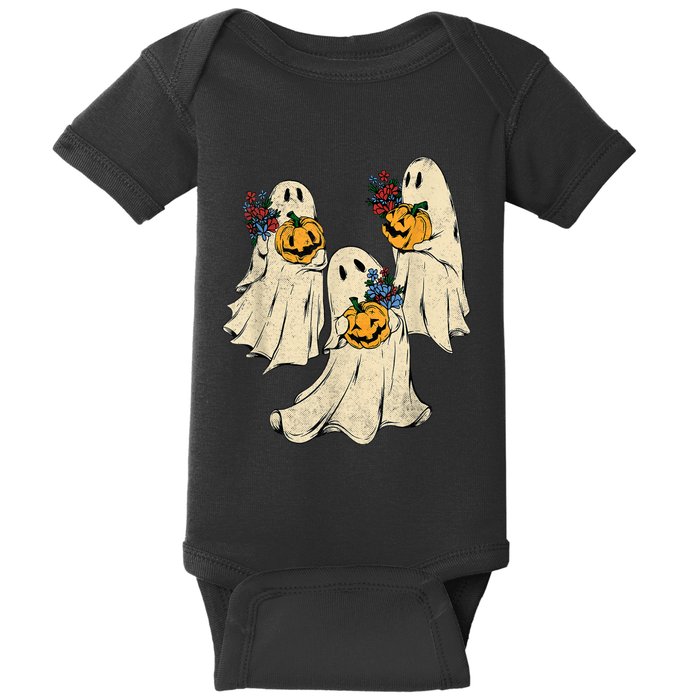 Retro Groovy Pumpkin Ghost Costume Halloween Floral Ghosts Baby Bodysuit