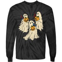 Retro Groovy Pumpkin Ghost Costume Halloween Floral Ghosts Tie-Dye Long Sleeve Shirt