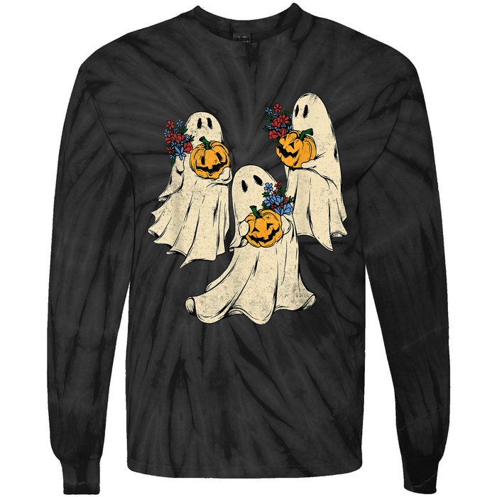 Retro Groovy Pumpkin Ghost Costume Halloween Floral Ghosts Tie-Dye Long Sleeve Shirt