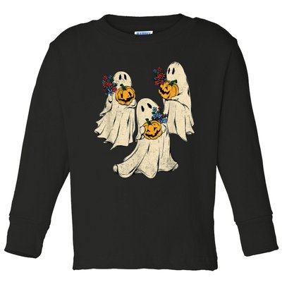 Retro Groovy Pumpkin Ghost Costume Halloween Floral Ghosts Toddler Long Sleeve Shirt