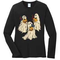 Retro Groovy Pumpkin Ghost Costume Halloween Floral Ghosts Ladies Long Sleeve Shirt