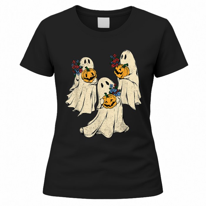 Retro Groovy Pumpkin Ghost Costume Halloween Floral Ghosts Women's T-Shirt