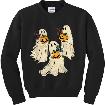 Retro Groovy Pumpkin Ghost Costume Halloween Floral Ghosts Kids Sweatshirt