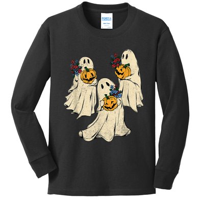 Retro Groovy Pumpkin Ghost Costume Halloween Floral Ghosts Kids Long Sleeve Shirt