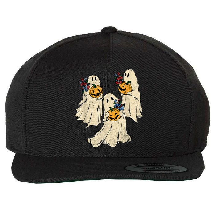 Retro Groovy Pumpkin Ghost Costume Halloween Floral Ghosts Wool Snapback Cap