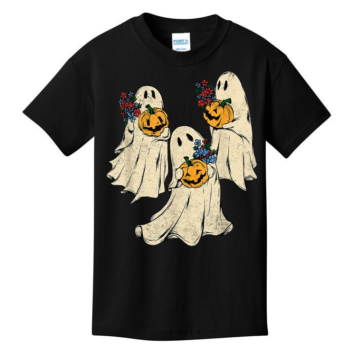 Retro Groovy Pumpkin Ghost Costume Halloween Floral Ghosts Kids T-Shirt