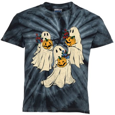 Retro Groovy Pumpkin Ghost Costume Halloween Floral Ghosts Kids Tie-Dye T-Shirt