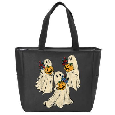 Retro Groovy Pumpkin Ghost Costume Halloween Floral Ghosts Zip Tote Bag