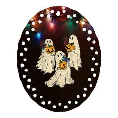 Retro Groovy Pumpkin Ghost Costume Halloween Floral Ghosts Ceramic Oval Ornament