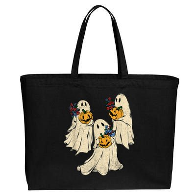 Retro Groovy Pumpkin Ghost Costume Halloween Floral Ghosts Cotton Canvas Jumbo Tote