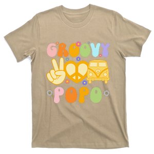 Retro Groovy Popo Grandpa Peace Sign Daisy Flower Father Day T-Shirt