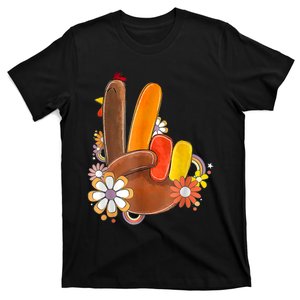 Retro Groovy Peace Turkey Grateful Hand Sign Thanksgiving T-Shirt