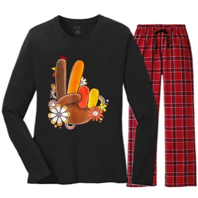 Retro Groovy Peace Turkey Grateful Hand Sign Thanksgiving Women's Long Sleeve Flannel Pajama Set 