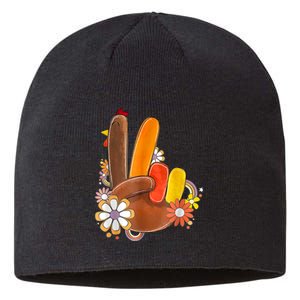 Retro Groovy Peace Turkey Grateful Hand Sign Thanksgiving Sustainable Beanie