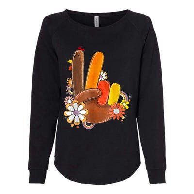 Retro Groovy Peace Turkey Grateful Hand Sign Thanksgiving Womens California Wash Sweatshirt