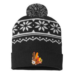 Retro Groovy Peace Turkey Grateful Hand Sign Thanksgiving USA-Made Snowflake Beanie