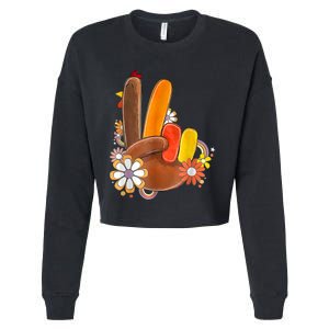 Retro Groovy Peace Turkey Grateful Hand Sign Thanksgiving Cropped Pullover Crew