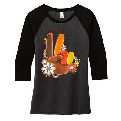 Retro Groovy Peace Turkey Grateful Hand Sign Thanksgiving Women's Tri-Blend 3/4-Sleeve Raglan Shirt