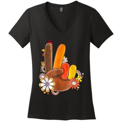 Retro Groovy Peace Turkey Grateful Hand Sign Thanksgiving Women's V-Neck T-Shirt