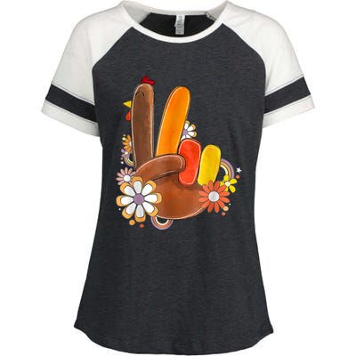 Retro Groovy Peace Turkey Grateful Hand Sign Thanksgiving Enza Ladies Jersey Colorblock Tee