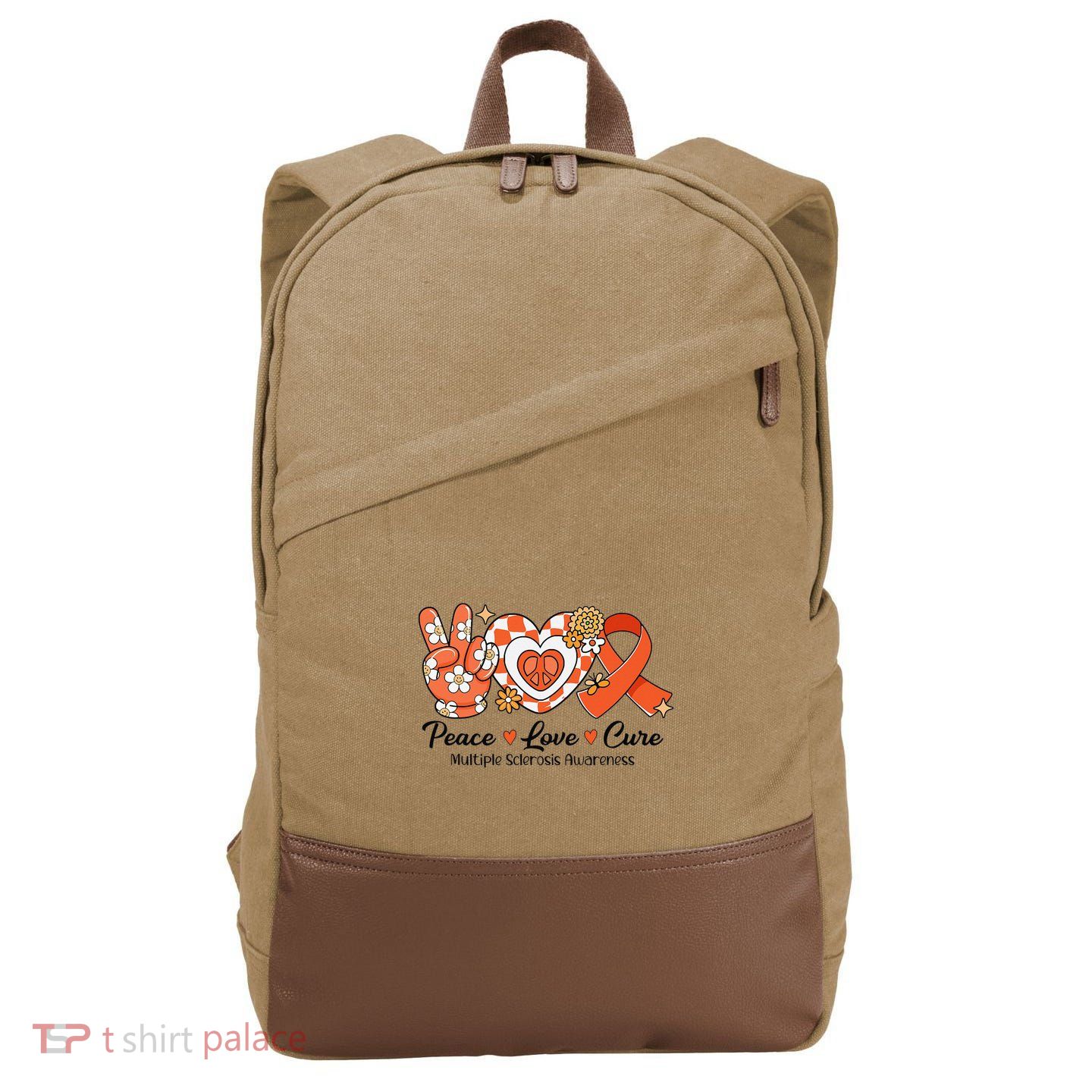Retro Groovy Peace Love Cure Multiple Sclerosis Awareness Cotton Canvas Backpack