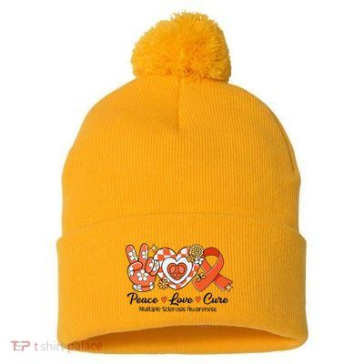 Retro Groovy Peace Love Cure Multiple Sclerosis Awareness Pom Pom 12in Knit Beanie