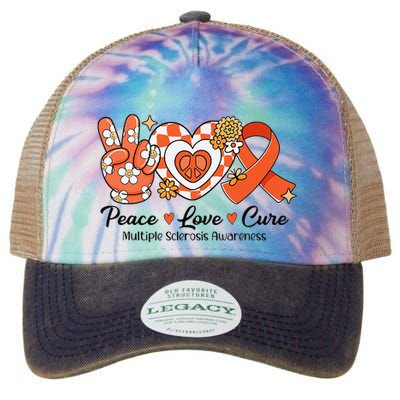 Retro Groovy Peace Love Cure Multiple Sclerosis Awareness Legacy Tie Dye Trucker Hat