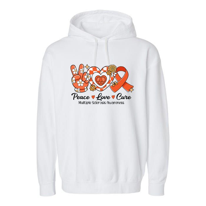 Retro Groovy Peace Love Cure Multiple Sclerosis Awareness Garment-Dyed Fleece Hoodie