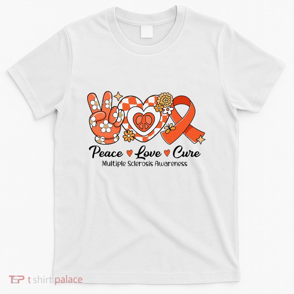 Retro Groovy Peace Love Cure Multiple Sclerosis Awareness T-Shirt