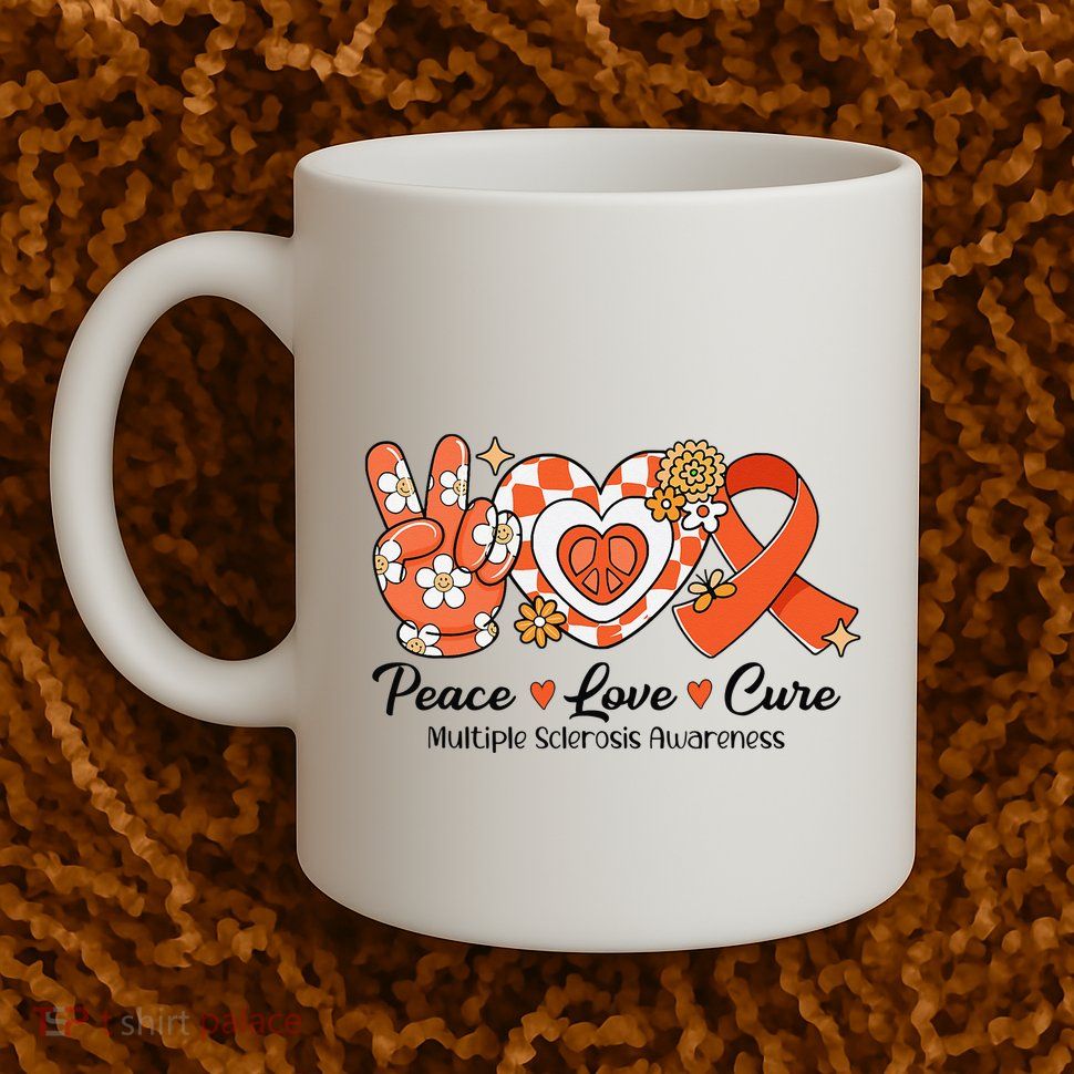 Retro Groovy Peace Love Cure Multiple Sclerosis Awareness Mug