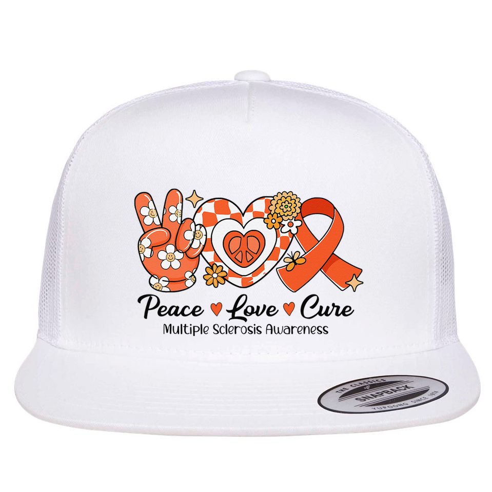 Retro Groovy Peace Love Cure Multiple Sclerosis Awareness Flat Bill Trucker Hat