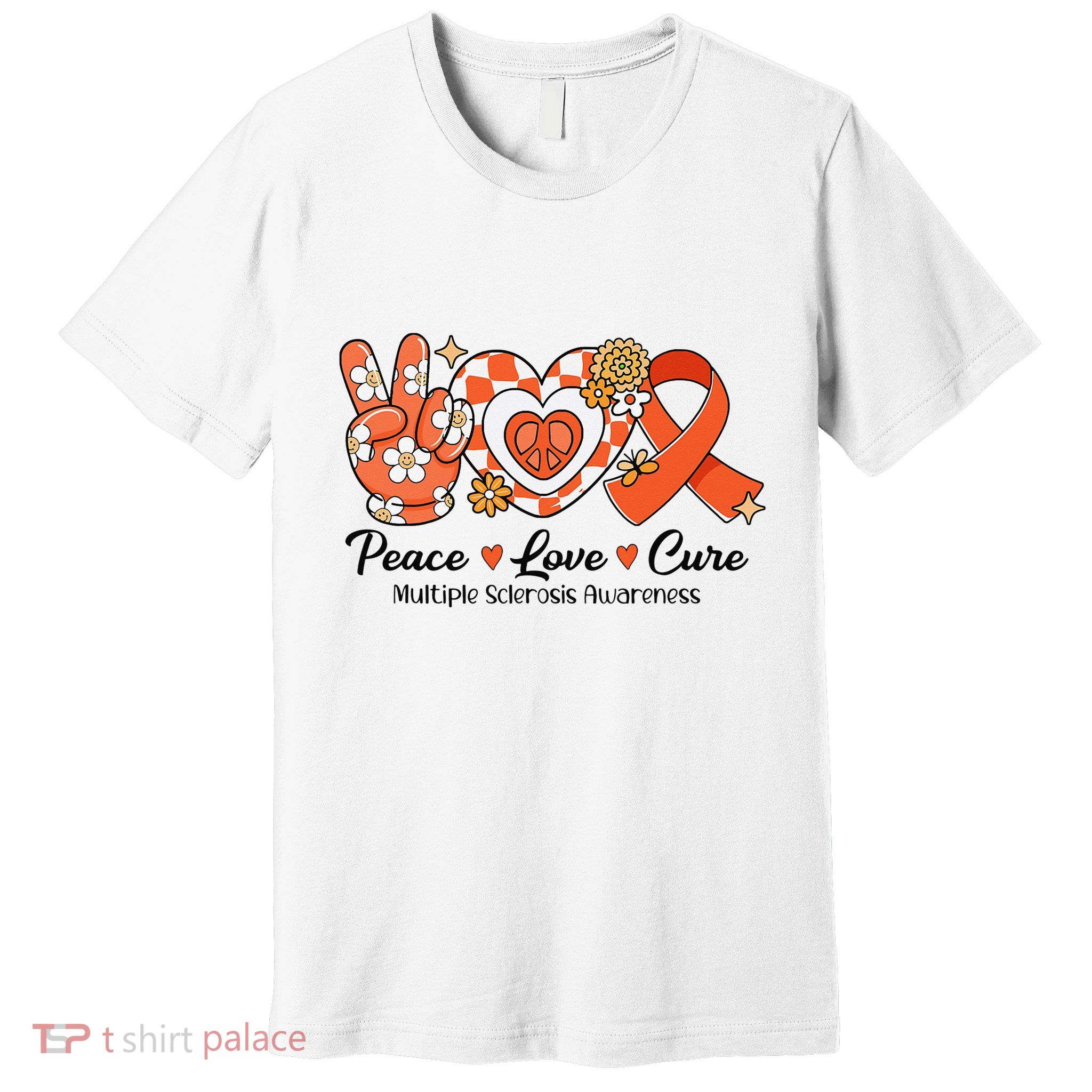 Retro Groovy Peace Love Cure Multiple Sclerosis Awareness Premium T-Shirt