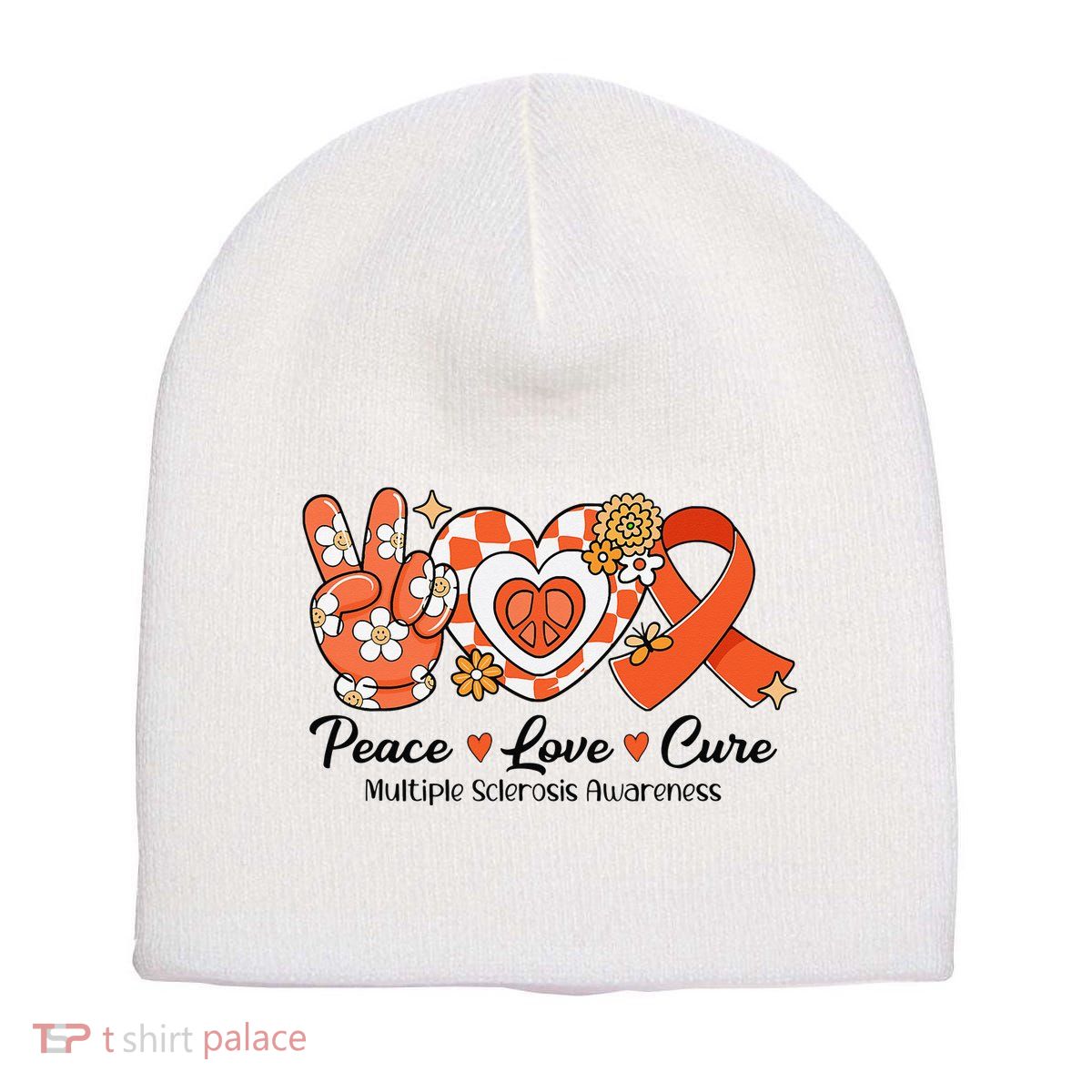 Retro Groovy Peace Love Cure Multiple Sclerosis Awareness Short Acrylic Beanie